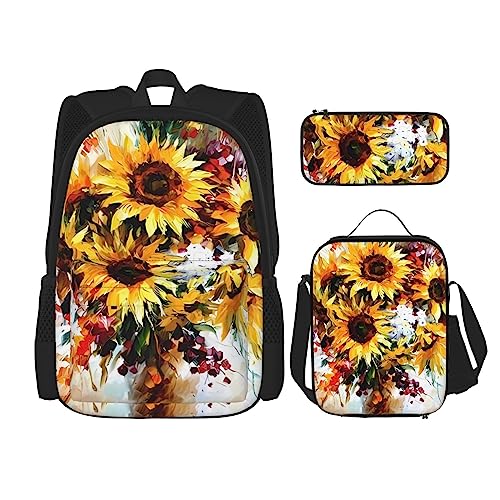 PartyUnix Ölgemälde Sonnenblumendrucke Rucksack 3-teilig Schulranzen mit Lunchbox und Federmäppchen Set - Geeignet für Jungen und Mädchen, Schwarz , Einheitsgröße, Kinderrucksack von PartyUnix