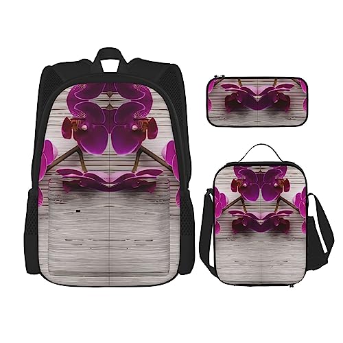 PartyUnix Orchid Prints Rucksack 3-teilig Schulranzen mit Brotdose und Federmäppchen Set - Geeignet für Jungen und Mädchen, Schwarz , Einheitsgröße, Kinderrucksack von PartyUnix