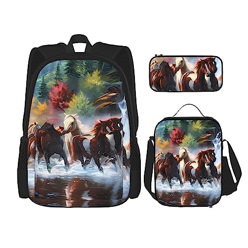 PartyUnix Pferde Prints Rucksack 3-teilig Schulranzen mit Brotdose und Federmäppchen Set - Geeignet für Jungen und Mädchen, Schwarz , Einheitsgröße, Kinderrucksack von PartyUnix