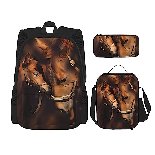 PartyUnix Pferde Prints Rucksack 3-teilig Schulranzen mit Brotdose und Federmäppchen Set - Geeignet für Jungen und Mädchen, Schwarz , Einheitsgröße, Kinderrucksack von PartyUnix