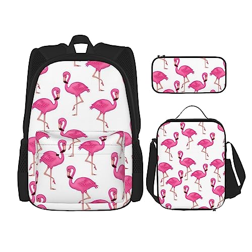 PartyUnix Pink Flamingo Prints Rucksack 3-teilig Schulranzen mit Lunchbox und Federmäppchen Set - Geeignet für Jungen und Mädchen, Schwarz , Einheitsgröße, Kinderrucksack von PartyUnix