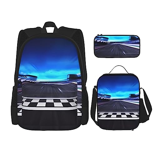 PartyUnix Race Track Rucksack 3-teilig Schulranzen mit Brotdose und Federmappe Set =>> passend für Jungen und Mädchen, Schwarz , Einheitsgröße, Kinderrucksack von PartyUnix