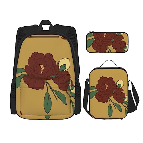 PartyUnix Red Moonflower Prints Rucksack 3-teiliges Schulranzen mit Brotdose und Federmäppchen Set - Geeignet für Jungen und Mädchen, Schwarz , Einheitsgröße, Kinderrucksack von PartyUnix