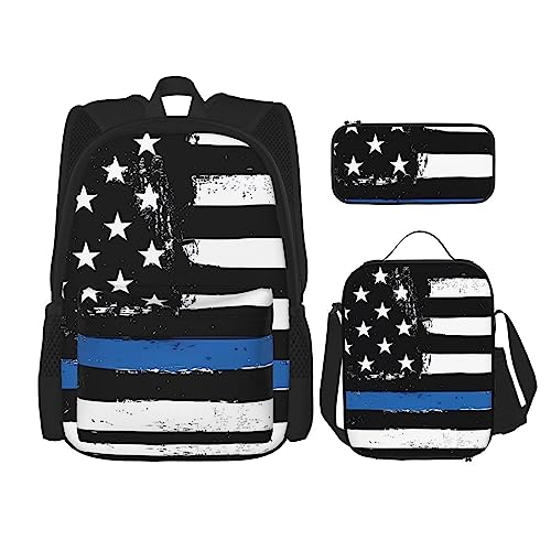 PartyUnix Retro Blue Thin Line USA Flagge Rucksack 3-teilig Schulranzen mit Brotdose und Federmäppchen Set =>> Geeignet für Jungen und Mädchen, Schwarz , Einheitsgröße, Kinderrucksack von PartyUnix