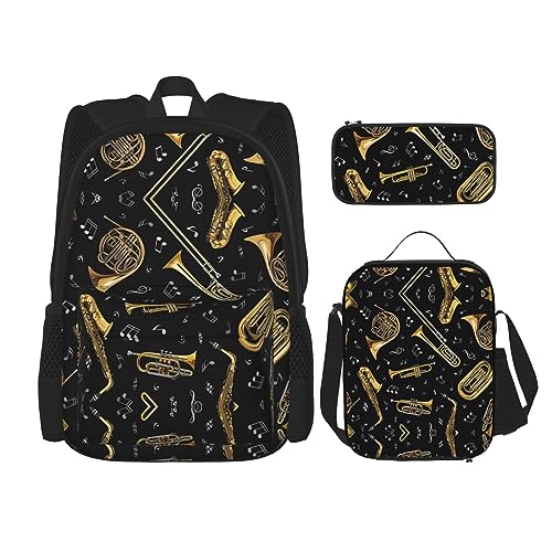 PartyUnix Robuste und leichte Tasche Rucksack Crossbody Mittagessen Tasche Stift Tasche Set - Verstellbarer Schultergurt Musikinstrumente Druck, Schwarz , Einheitsgröße von PartyUnix