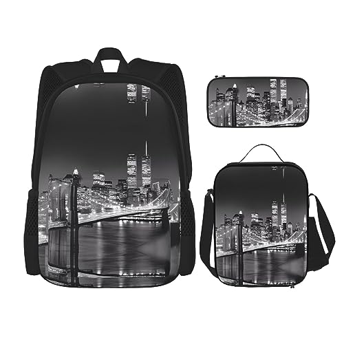 PartyUnix Robuster und leichter Taschen-Rucksack, Umhängetasche, Lunch-Tasche, Stifttaschenset – verstellbarer Schultergurt, New York-Druck, Schwarz , Einheitsgröße von PartyUnix