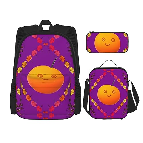 PartyUnix Robuster und leichter Taschen-Rucksack, Umhängetasche, Lunch-Tasche, Stifttaschenset – verstellbarer Schultergurt, Smiley-Orange-Druck, Schwarz , Einheitsgröße von PartyUnix