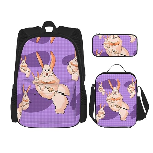 PartyUnix Robuster und leichter Taschen-Rucksack, Umhängetasche, Lunch-Tasche, Stifttaschenset – verstellbarer Schultergurt, Wacky Bunny Druck, Schwarz , Einheitsgröße von PartyUnix