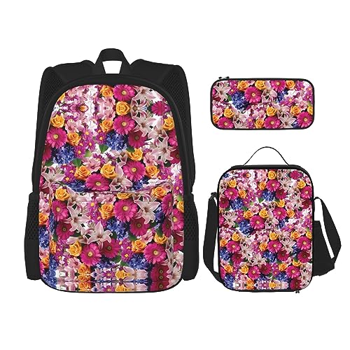 PartyUnix Robuster und leichter Taschenrucksack, Umhängetasche, Lunch-Tasche, Stifttaschenset – verstellbarer Schultergurt, Blumendruck, Schwarz , Einheitsgröße von PartyUnix