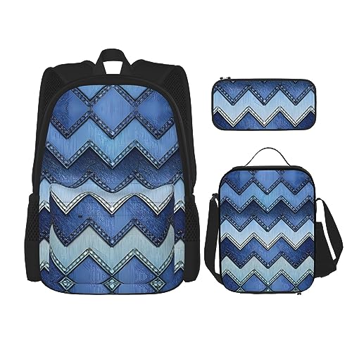 PartyUnix Robuster und leichter Taschenrucksack, Umhängetasche, Lunch-Tasche, Stifttaschenset – verstellbarer Schultergurt, Farbverlauf, blauer Denim-Druck, Schwarz , Einheitsgröße von PartyUnix