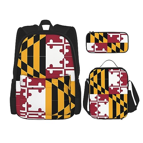 PartyUnix Robuster und leichter Taschenrucksack, Umhängetasche, Lunch-Tasche, Stifttaschenset – verstellbarer Schultergurt, Flagge von Maryland, Schwarz , Einheitsgröße von PartyUnix