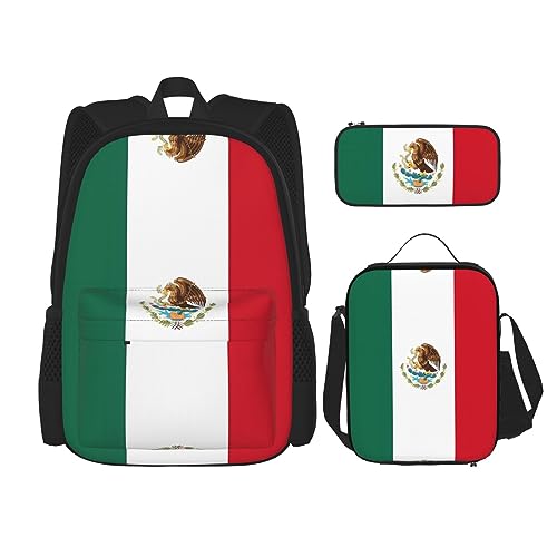 PartyUnix Robuster und leichter Taschenrucksack, Umhängetasche, Lunch-Tasche, Stifttaschenset – verstellbarer Schultergurt, Flagge von Mexiko, Schwarz , Einheitsgröße von PartyUnix