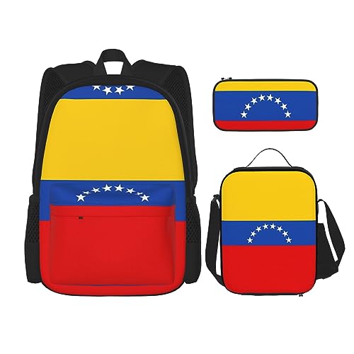 PartyUnix Robuster und leichter Taschenrucksack, Umhängetasche, Lunch-Tasche, Stifttaschenset – verstellbarer Schultergurt, Flagge von Venezuela-Druck, Schwarz , Einheitsgröße von PartyUnix