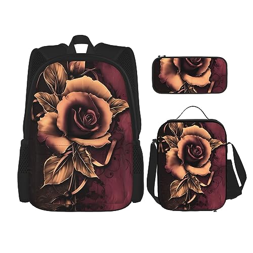 PartyUnix Robuster und leichter Taschenrucksack, Umhängetasche, Lunch-Tasche, Stifttaschenset – verstellbarer Schultergurt, Gothic-Rosen-Druck, Schwarz , Einheitsgröße von PartyUnix