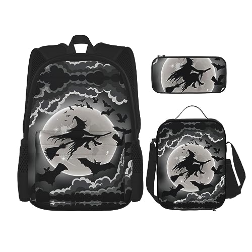 PartyUnix Robuster und leichter Taschenrucksack, Umhängetasche, Lunch-Tasche, Stifttaschenset – verstellbarer Schultergurt, Halloween-Hexen-Druck, Schwarz , Einheitsgröße von PartyUnix