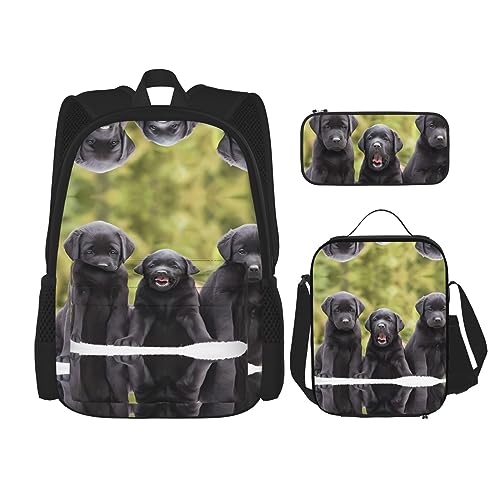 PartyUnix Robuster und leichter Taschenrucksack, Umhängetasche, Lunch-Tasche, Stifttaschenset – verstellbarer Schultergurt, Labrador Retriever Hundeaufdruck, Schwarz , Einheitsgröße von PartyUnix