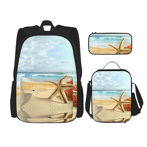 PartyUnix Robuster und leichter Taschenrucksack, Umhängetasche, Lunch-Tasche, Stifttaschenset – verstellbarer Schultergurt, Seestern und Korallen am Strand, Schwarz , Einheitsgröße von PartyUnix