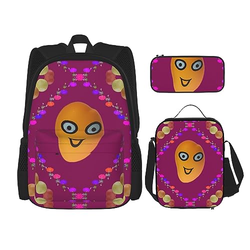 PartyUnix Robuster und leichter Taschenrucksack, Umhängetasche, Lunch-Tasche, Stifttaschenset – verstellbarer Schultergurt, Smiley-Mango-Druck, Schwarz , Einheitsgröße von PartyUnix