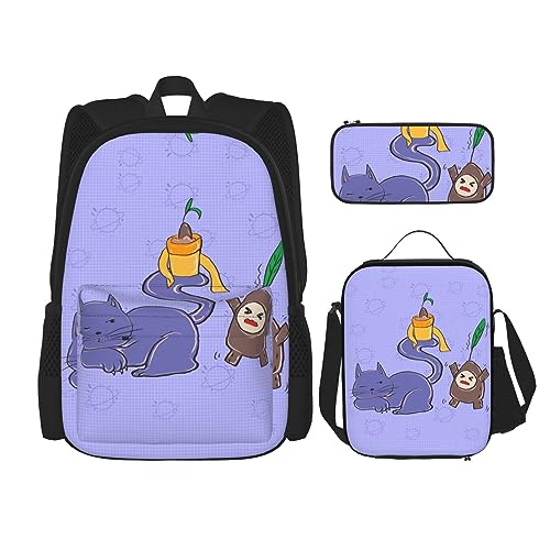 PartyUnix Robuster und leichter Taschenrucksack, Umhängetasche, Lunch-Tasche, Stifttaschenset – verstellbarer Schultergurt, Sonnenblumenkerne und Katzen-Druck, Schwarz , Einheitsgröße von PartyUnix