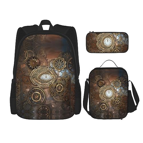 PartyUnix Robuster und leichter Taschenrucksack, Umhängetasche, Lunch-Tasche, Stifttaschenset – verstellbarer Schultergurt, Steampunk-Uhr-Druck, Schwarz , Einheitsgröße von PartyUnix