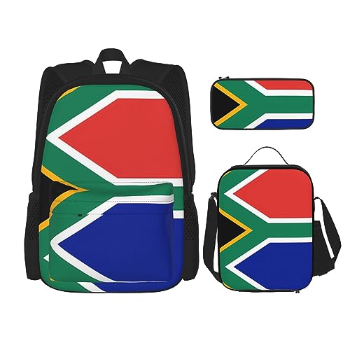 PartyUnix Robuster und leichter Taschenrucksack, Umhängetasche, Lunch-Tasche, Stifttaschenset – verstellbarer Schultergurt, Südafrika-Flaggen-Druck, Schwarz , Einheitsgröße von PartyUnix