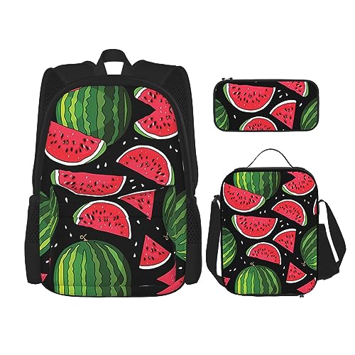 PartyUnix Robuster und leichter Taschenrucksack, Umhängetasche, Lunch-Tasche, Stifttaschenset – verstellbarer Schultergurt, Wassermelonen-Druck, Schwarz , Einheitsgröße von PartyUnix