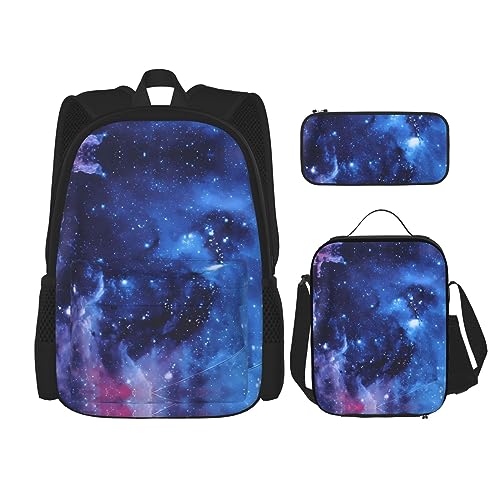 PartyUnix Robuster und leichter Taschenrucksack, Umhängetasche, Lunch-Tasche, Stifttaschenset – verstellbarer Schultergurt, blauer Galaxie-Druck, Schwarz , Einheitsgröße von PartyUnix