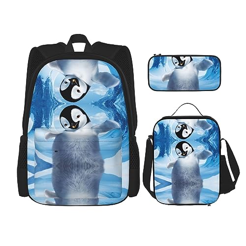 PartyUnix Robuster und leichter Taschenrucksack, Umhängetasche, Lunch-Tasche, Stifttaschenset – verstellbarer Schultergurt, niedliche Pinguine, zum Fotografieren von PartyUnix