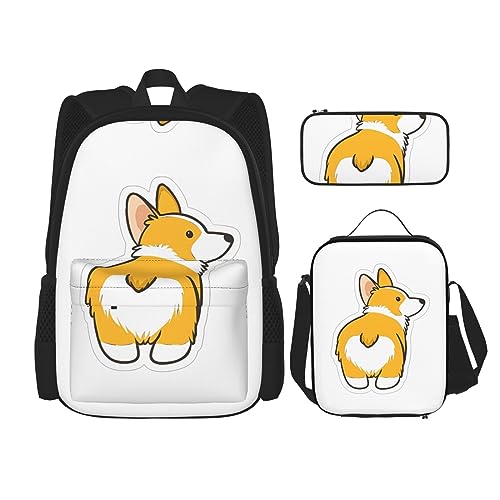 PartyUnix Robuster und leichter Taschenrucksack, Umhängetasche, Lunch-Tasche, Stifttaschenset – verstellbarer Schultergurt, niedlicher Corgi-Po-Druck, Schwarz , Einheitsgröße von PartyUnix