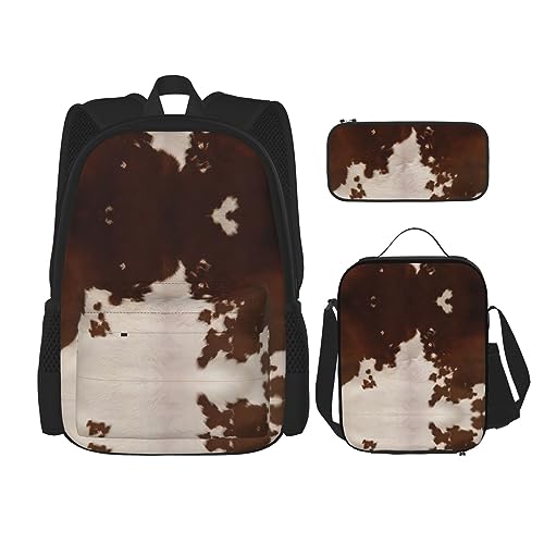 PartyUnix Robuster und leichter Taschenrucksack, Umhängetasche, Lunch-Tasche, Stifttaschenset – verstellbarer Schultergurt, rotbraunes Rindsleder-Aufdruck, Schwarz , Einheitsgröße von PartyUnix