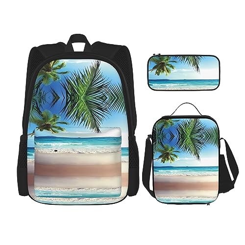 PartyUnix Robuster und leichter Taschenrucksack, Umhängetasche, Lunch-Tasche, Stifttaschenset – verstellbarer Schultergurt, tropische Palme, Hawaii-Strand-Druck, Schwarz , Einheitsgröße von PartyUnix