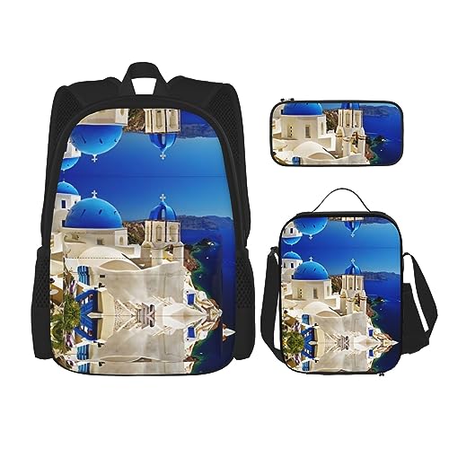 PartyUnix Robuster und leichter Taschenrucksack, Umhängetasche, Stifttasche, verstellbarer Schultergurt, Santorini, griechische Insel, Meerblick-Druck, Schwarz , Einheitsgröße von PartyUnix