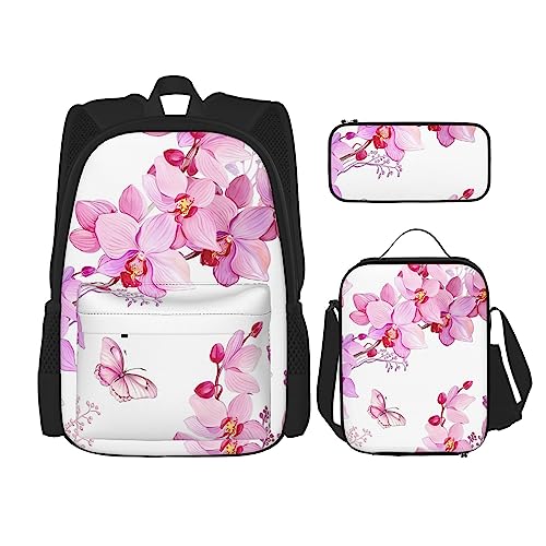 PartyUnix Rosa Blumen und Schmetterling Rucksack 3-teilig Schulranzen mit Brotdose und Federmäppchen Set =>> Geeignet für Jungen und Mädchen, Schwarz , Einheitsgröße, Kinderrucksack von PartyUnix