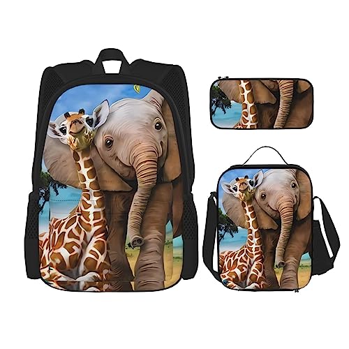 PartyUnix Rucksack Elefant und Giraffe 3-teilig Schulranzen mit Brotdose und Federmäppchen Set =>> geeignet für Jungen und Mädchen, Schwarz , Einheitsgröße, Kinderrucksack von PartyUnix