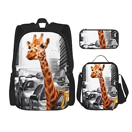 PartyUnix Rucksack Giraffe in New York 3-teilig Schulranzen mit Brotdose und Federmäppchen Set =>> geeignet für Jungen und Mädchen, Schwarz , Einheitsgröße, Kinderrucksack von PartyUnix