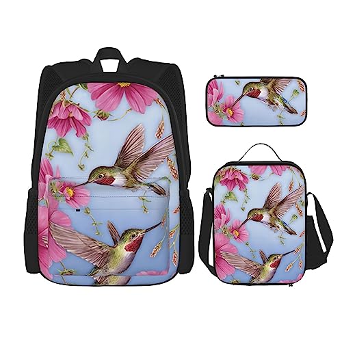 PartyUnix Rucksack Kolibris mit rosa Drucken 3-teilig Schulranzen mit Brotdose und Federmäppchen Set - Geeignet für Jungen und Mädchen, Schwarz , Einheitsgröße, Kinderrucksack von PartyUnix