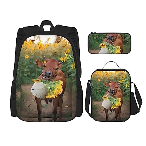 PartyUnix Rucksack mit Kuh in Sonnenblumen, 3-teilig, Schulranzen mit Brotdose und Federmäppchen, geeignet für Jungen und Mädchen, Schwarz , Einheitsgröße, Kinderrucksack von PartyUnix