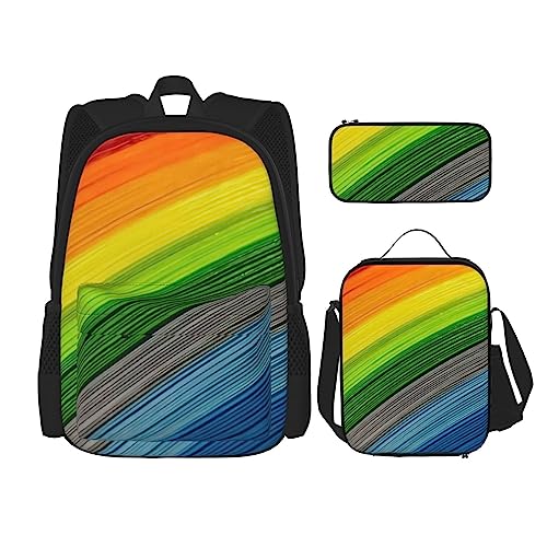 PartyUnix Rucksack mit Regenbogen-Streifen, 3-teilig, Schultasche mit Lunchbox und Federmäppchen, geeignet für Jungen und Mädchen, Schwarz , Einheitsgröße, Kinderrucksack von PartyUnix