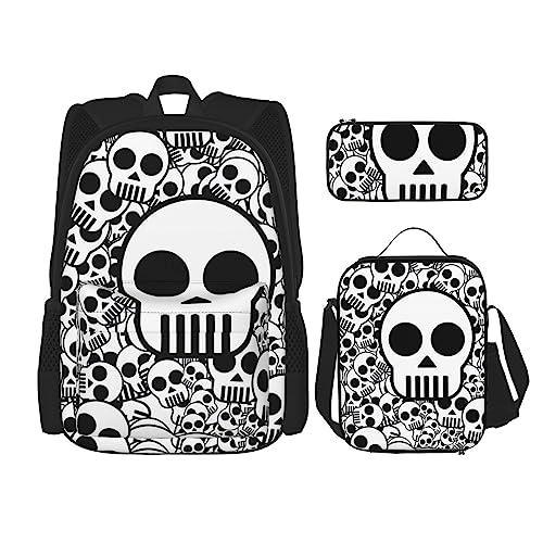 PartyUnix Rucksack mit Totenkopf-Motiven, 3-teilig, Schulranzen mit Brotdose und Federmäppchen, geeignet für Jungen und Mädchen, Schwarz und Weiß, Schwarz , Einheitsgröße, Kinderrucksack von PartyUnix