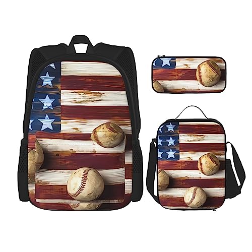 PartyUnix Rucksack mit amerikanischer Flagge und Baseball-Drucken, 3-teilig, Schulranzen mit Lunchbox und Federmäppchen, geeignet für Jungen und Mädchen, Schwarz , Einheitsgröße, Kinderrucksack von PartyUnix