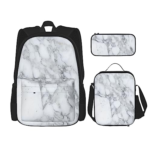 PartyUnix Rucksack mit hellschwarzem Marmor-Druck, 3-teilig, mit Brotdose und Federmäppchen, geeignet für Jungen und Mädchen, Schwarz , Einheitsgröße, Kinderrucksack von PartyUnix