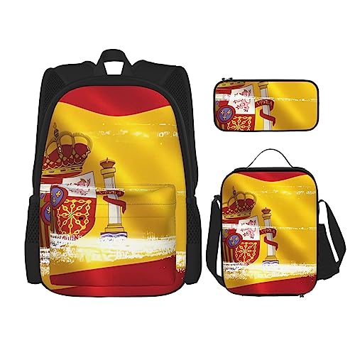 PartyUnix Rucksack mit spanischer Flagge, 3-teilig, Schulranzen mit Brotdose und Federmäppchen, geeignet für Jungen und Mädchen, Schwarz , Einheitsgröße, Kinderrucksack von PartyUnix