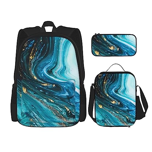 PartyUnix Rucksack mit türkisblauem und goldfarbenem Marmor-Druck, 3-teilig, Schulranzen mit Brotdose und Federmäppchen, geeignet für Jungen und Mädchen, Schwarz , Einheitsgröße, Kinderrucksack von PartyUnix