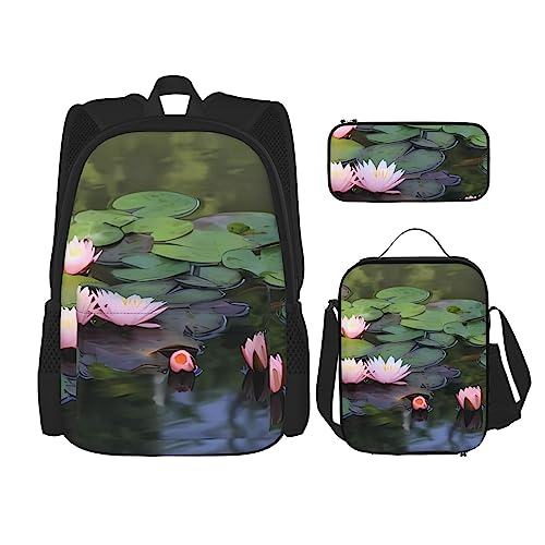 PartyUnix Schöner Rucksack mit Lotusblumen-Aufdrucken, 3-teilig, Schulranzen mit Brotdose und Federmäppchen, geeignet für Jungen und Mädchen, Schwarz , Einheitsgröße, Kinderrucksack von PartyUnix