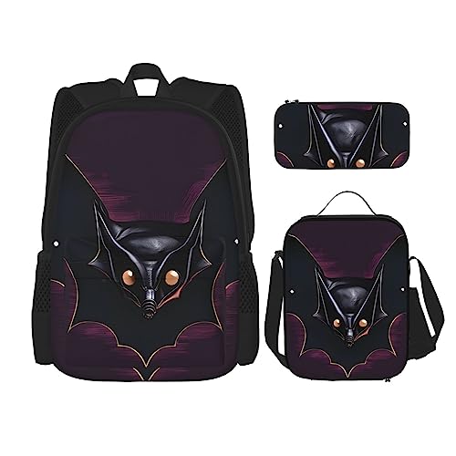 PartyUnix Schwarzer Ghost Fledermaus Rucksack 3-teilig Schulranzen mit Brotdose und Federmäppchen Set =>> Geeignet für Jungen und Mädchen, Schwarz , Einheitsgröße, Kinderrucksack von PartyUnix