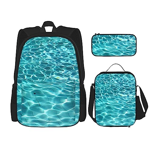 PartyUnix Schwimmbad Wasserdrucke Rucksack 3-teilig Schulranzen mit Lunchbox und Federmäppchen Set - Geeignet für Jungen und Mädchen, Schwarz , Einheitsgröße, Kinderrucksack von PartyUnix