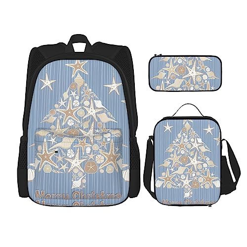 PartyUnix Seashell Christmas Prints Rucksack 3-teilig Schulranzen mit Lunchbox und Federmäppchen Set - Geeignet für Jungen und Mädchen, Schwarz , Einheitsgröße, Kinderrucksack von PartyUnix