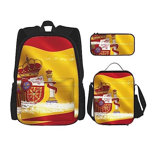 PartyUnix Spanien Flagge Rucksack 3-teilig Schulranzen mit Brotdose und Federmäppchen Set =>> Geeignet für Jungen und Mädchen, Schwarz , Einheitsgröße, Kinderrucksack von PartyUnix