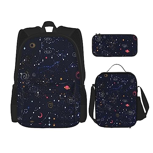 PartyUnix Sternhaufen Galaxien Drucke Rucksack 3-teilig Schulranzen mit Lunchbox und Federmäppchen Set - Geeignet für Jungen und Mädchen, Schwarz , Einheitsgröße, Kinderrucksack von PartyUnix