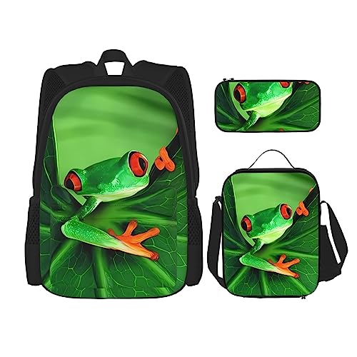 PartyUnix Süßer Frosch Rucksack 3-teilig Schulranzen mit Brotdose und Federmäppchen Set =>> Geeignet für Jungen und Mädchen, Schwarz , Einheitsgröße, Kinderrucksack von PartyUnix